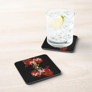 Dessous-de-verre Symbole d'amour chinois sur la fractale rouge