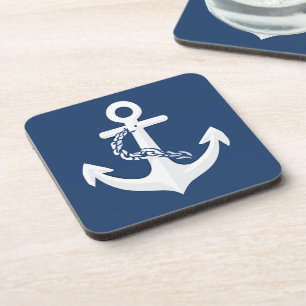 Dessous-de-verre Symbole nautique d'ancre Classique Blanc Bleu mari