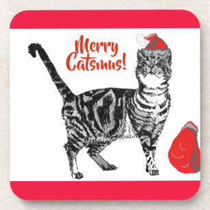 Dessous-de-verre Tabby Chat Merry Catsmus Noël rouge