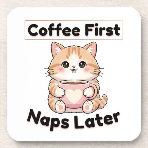 Dessous-de-verre Tasse de café d'abord, sieste plus tard, joli chat