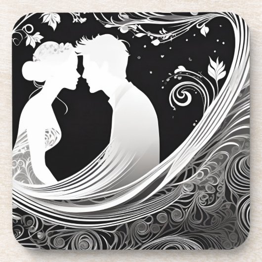 Dessous-de-verre Tender Kiss Blanc & Noir Silhouette Amour (Devant)