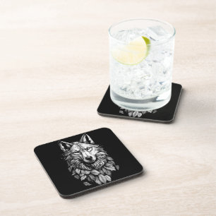 Dessous-de-verre tête de loup animal feuille dessin d'art original