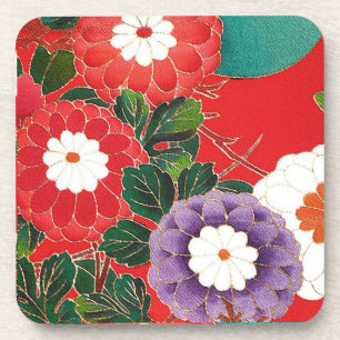 Dessous-de-verre Textile japonais vintage - Dahlias rouges