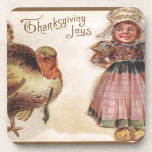 Dessous-de-verre Thanksgiving vintage, Turquie avec une fille pèler