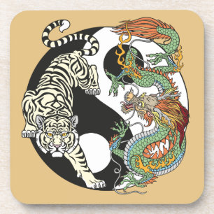 Dessous-de-verre Tigre blanc contre dragon vert au Yin yang