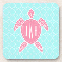 Tortue de mer rose monogramme + Quatrefoil bleu
