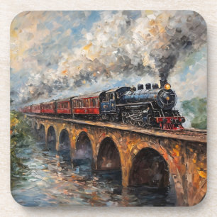 Dessous-de-verre Train à vapeur sur un pont - Peinture à l'huile