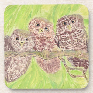 Dessous-de-verre Trois Petites Chouettes - peinture acrylique.