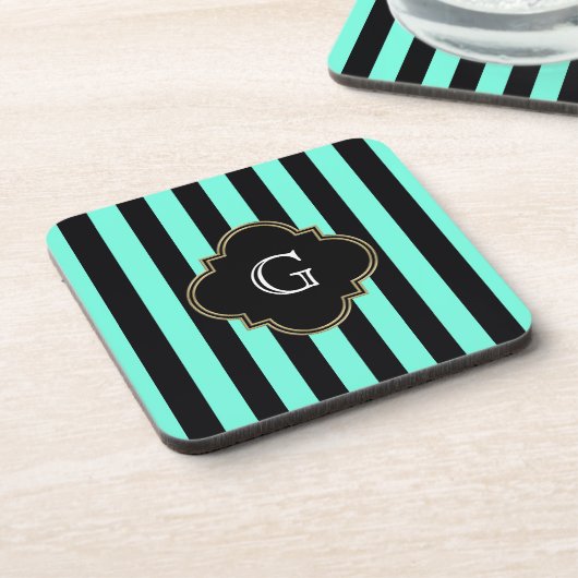 Dessous-de-verre Turquoise and Black Stripes Pattern with monogram (Côté gauche)