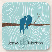 Dessous-de-verre Turquoise Cute Kissing Inséparables assis dans la (Devant)