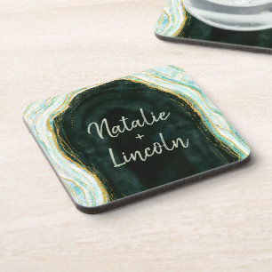 Dessous-de-verre Turquoise vert et or Agate Marbre Mariage Monogram