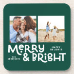 Dessous-de-verre Typographie minimale moderne 2 photo Christmas Bev<br><div class="desc">Tout n'est peut-être pas calme mais tout peut encore être lumineux avec ce design moderne et coloré de Noël. Avec espace pour 2 photos carrés,  disponibles dans une sélection de couleurs.</div>