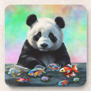Dessous-de-verre Un panda regarde curieusement des poissons colorés