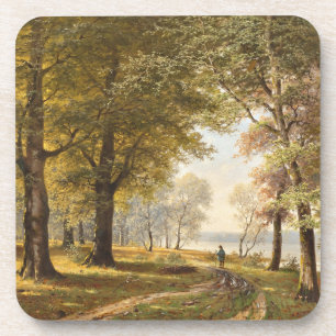Dessous-de-verre Un sentier forestier avec randonneur en automne