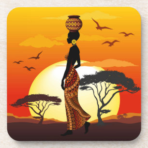 Dessous-de-verre Une belle femme africaine Silhouette sur les solei