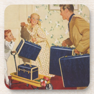 Dessous-de-verre Vacances en famille vintage, papa, enfants et vali