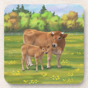 Dessous-de-verre Vache d'Aubrac et veau mignon dans le pâturage de