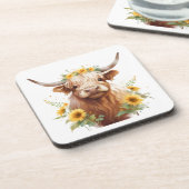 Dessous-de-verre Vache Highland avec Couronne de fleurs de tourneso (Côté gauche)