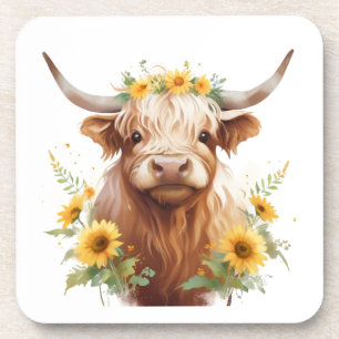 Dessous-de-verre Vache Highland avec Couronne de fleurs de tourneso
