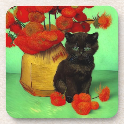 Dessous-de-verre Van Gogh Black Kitten Fleurs rouges (Devant)