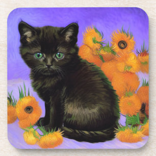 Dessous-de-verre Van Gogh Kitten noir avec des tournesols