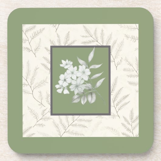 Dessous-de-verre Vert olive tendance avec fleurs blanches (Devant)