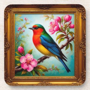 Dessous-de-verre Vibrant oiseau chanteur sur la branche de floraiso