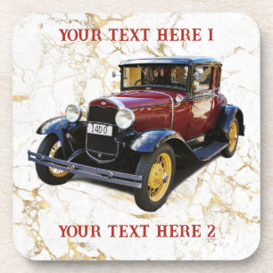 Dessous-de-verre Vieille voiture sur marbre blanc et or, votre text