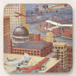 Dessous-de-verre Ville de science-fiction vintage, Victorian Steam<br><div class="desc">Illustration vintage punk à vapeur Victorian Science Fiction image de ville futuriste. La métropole urbaine de Paris, France à l'avenir avec des voitures volantes, des hélicoptères et des avions pour le voyage et le transport. Cette scène steampunk comprend des bâtiments et la Seine en arrière - plan.</div>