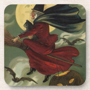 Dessous-de-verre Vintage Halloween Witch Riding Broomstick with Cat