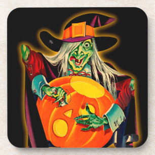 Dessous-de-verre Vintage Halloween Witch with Jack O'Lanten