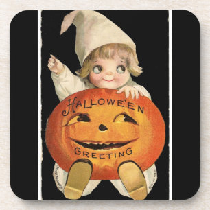Dessous-de-verre Vintage petite fille avec grand Citrouille Hallowe