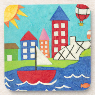 Dessous-de-verre Voilier et ballon à air chaud avec le paysage