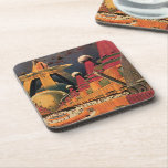 Dessous-de-verre Voiture volant vintage de science fiction futurist<br><div class="desc">illustration vintage image de science-fiction voyage et transport avec un livre classique retro sci fi milieu urbain avec une ville de l'avenir. Les bâtiments architecturaux sont en forme de cônes et les véhicules volent dans le ciel comme des oiseaux tandis que la foule se déplace à travers la métropole.</div>