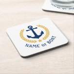 Dessous-de-verre Votre nom de bateau Ancre Elegant Gold Laurel Whit<br><div class="desc">Un élégant ensemble de casseroles à thème nautique avec votre nom de bateau personnalisé, nom de famille ou autre texte désiré. Doté d'une ancre de bateau conçue sur mesure avec des feuilles de laurier de style or et d'une étoile sur le blanc ou facilement customiser la couleur de base pour...</div>