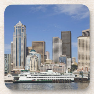 Dessous-de-verre WA, Seattle, ligne d'horizon de Seattle avec ferry