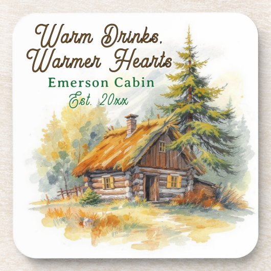 Dessous-de-verre Warm Drinks, Warmer Hearts, Log Cabin Personalized (Devant)