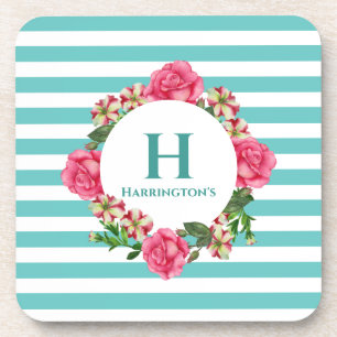 Dessous-de-verre Watercolor Pink Rose Red White Petunias Monogram