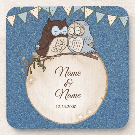 Dessous-de-verre Wedding Blue Brown Owl Glitter Beautiful Beverage  (Devant)