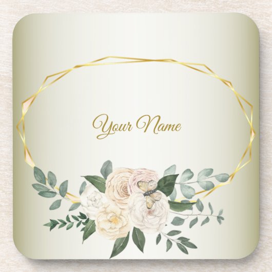 Dessous-de-verre Wedding Greenery Leaves Pink Floral Gold Geometric (Devant)