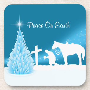 Dessous-de-verre Western Christmas Cowboy Praying Winter Snow Scene
