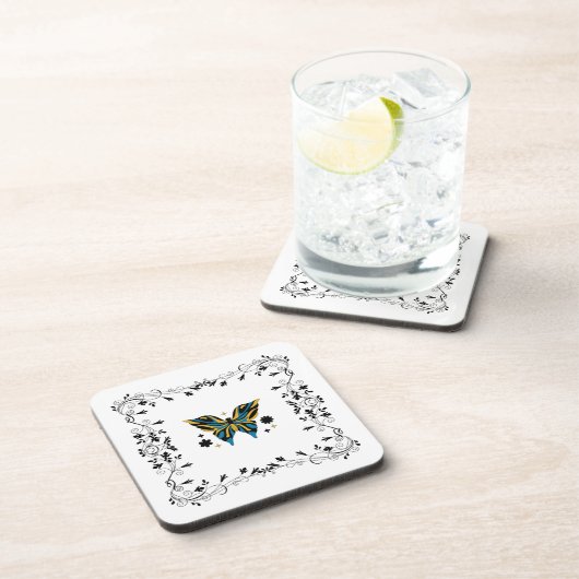 Dessous-de-verre Whimsical Fluttering – Blue Butterfly Floral Art (Côté Droit)