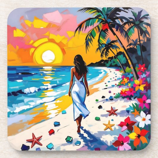 Dessous-de-verre Woman on Beach Tropical Scene (Devant)