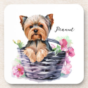 Dessous-de-verre Yorkie personnalisé dans le panier aquarelle