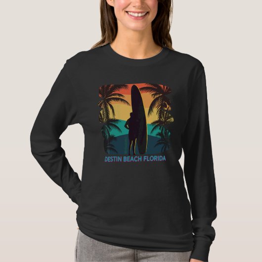 Destin Beach Florida Palm Tree Surfboard Surfer Su T-shirt (Voorkant)
