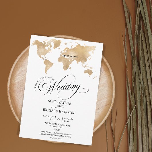 Destination de mariage Or Typographie Carte du mon