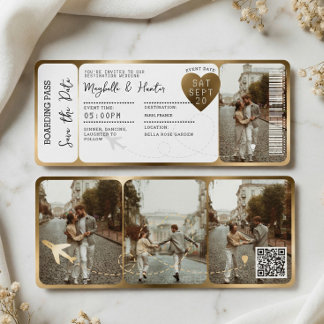 Destination Wedding Boarding Pass Gold Ticket QR Kaart