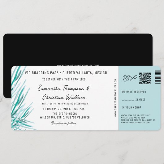 Destination Wedding Boarding Pass Tropical palm Kaart (Voorkant / Achterkant)