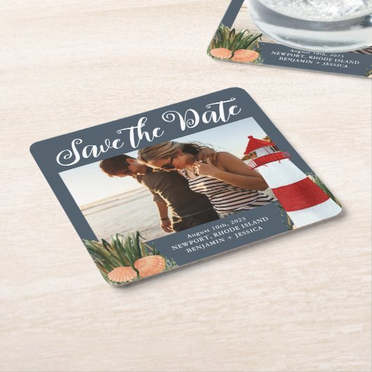 Destination Wedding Photo Save the Date Navy Vierkante Kartonnen Onderzetter (Schuin)