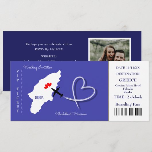 Destination Wedding Rhodes Greece Ticket Kaart (Voorkant / Achterkant)